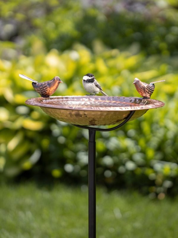 Pure Copper Bird Bath with Two Copper Birds and Multipronged Garden Pole  |   Bird Baths Bird Baths Bird Baths